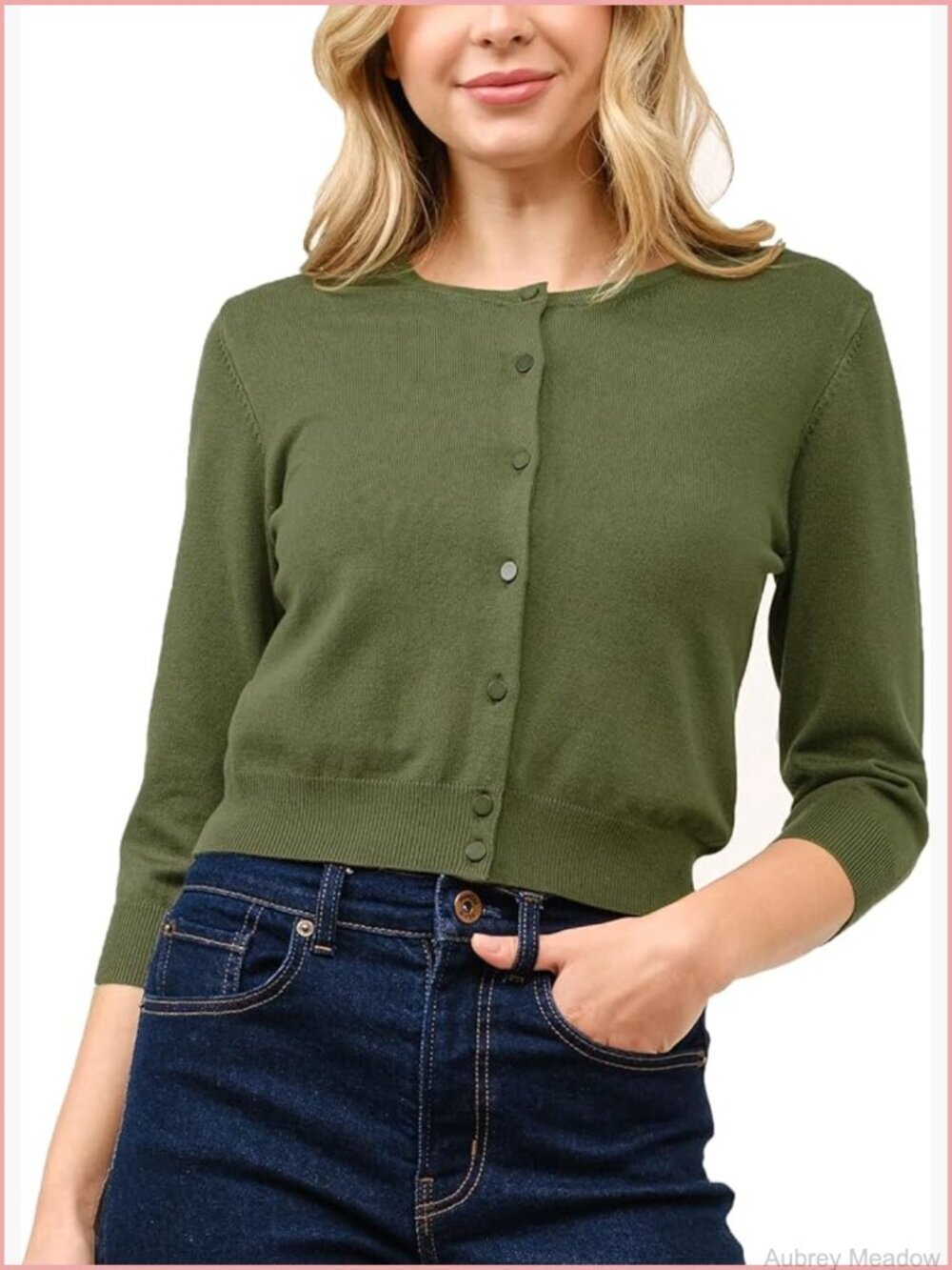 Cropped Cardigan 3/4 Sleeve Crewneck Button Up Sweater Knit Top